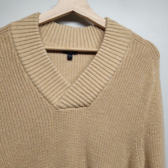 Express Knit Sweater Women Size L Tan V-Neck Grandpacore Preppy Winter Casual - Picture 2 of 7